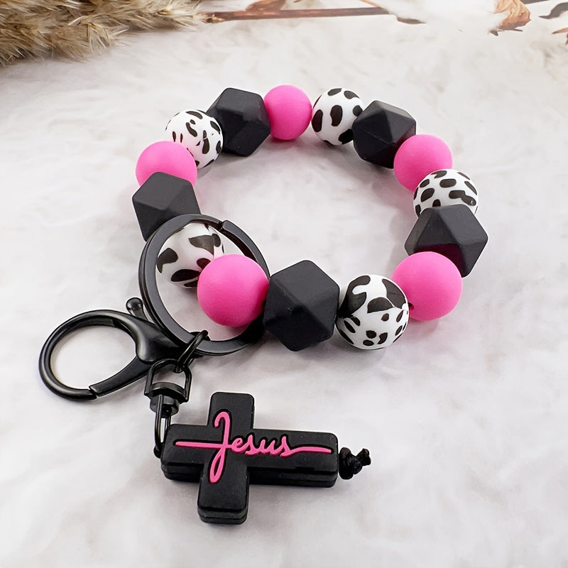 Silicone Bead Keychain, Western Cow Print, Cross & Geometric Charms, Unisex, Gift For Friends & Parents, Trendy Accessory