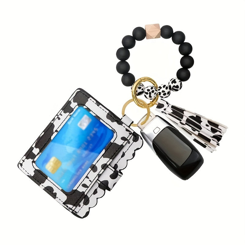 Leopard Pattern Wallet Shape Key Chain PU Leather Tassel Pendant Keyring