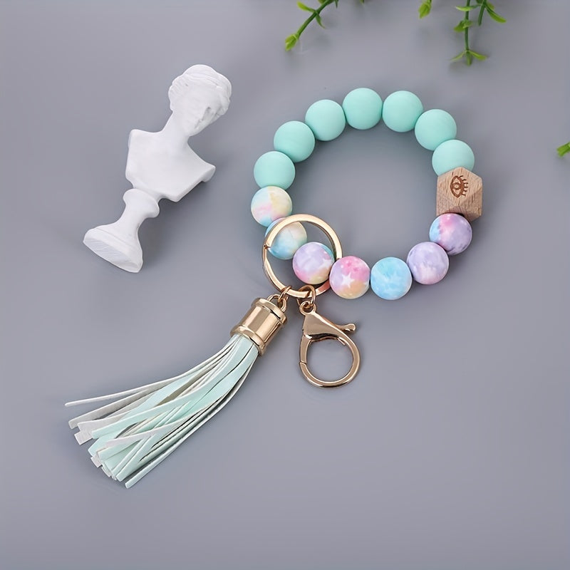 Women's Silicone Beads Wristlet Keychain Beaded Bangle Bracelet Key Chain Purse Mobile Phone Accessories