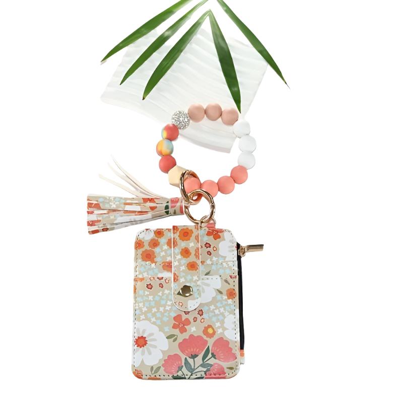 Hemasa Leather Key Chain, Floral Fringe Card Bag Anti-loss Key Chain Pendant