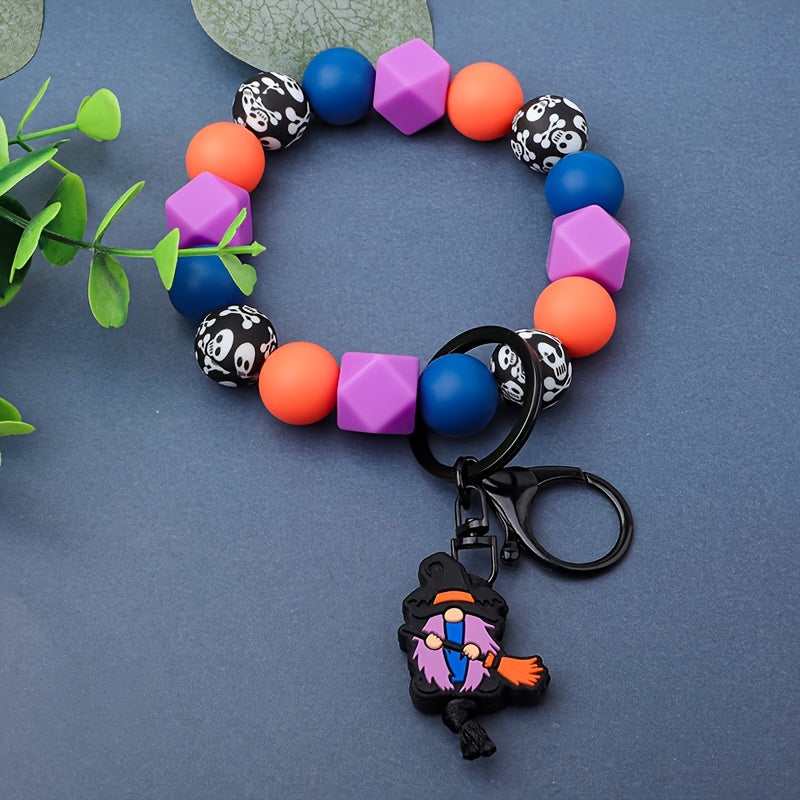 Halloween Witch Broom & Skull Silicone Beaded Keychain - Cartoon/Punk Style, Lobster Clasp, Fashionable Women's Accessory, Perfect Gift
