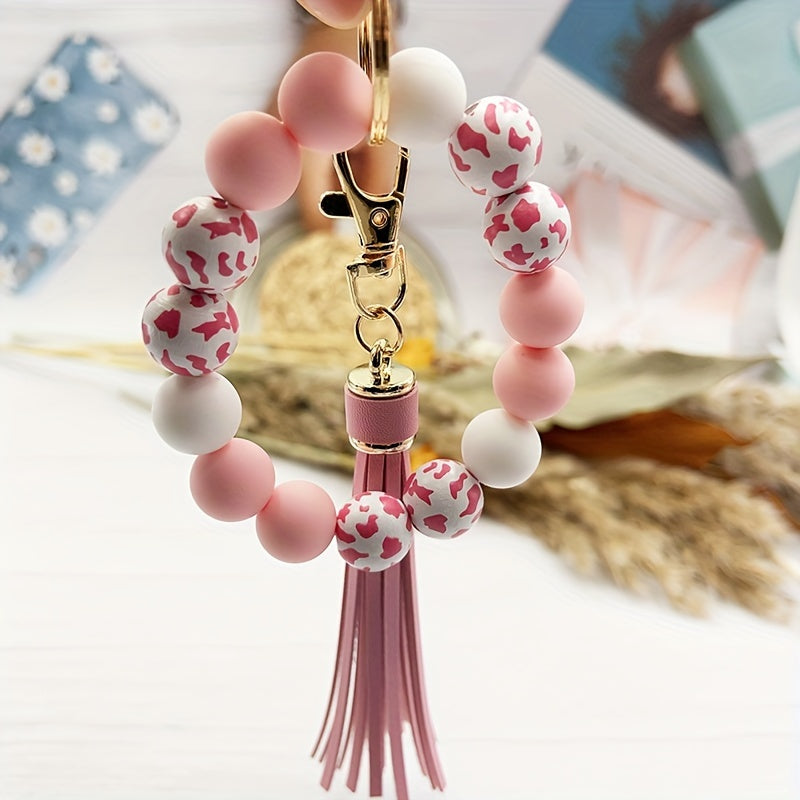 Cow Pattern Silicone Wooden Beaded Wristlet Keychain With PU Leather Tassel Wester Fashion Bangle Keychain Bag Charm Phone Lanyard Mother's Day Gift