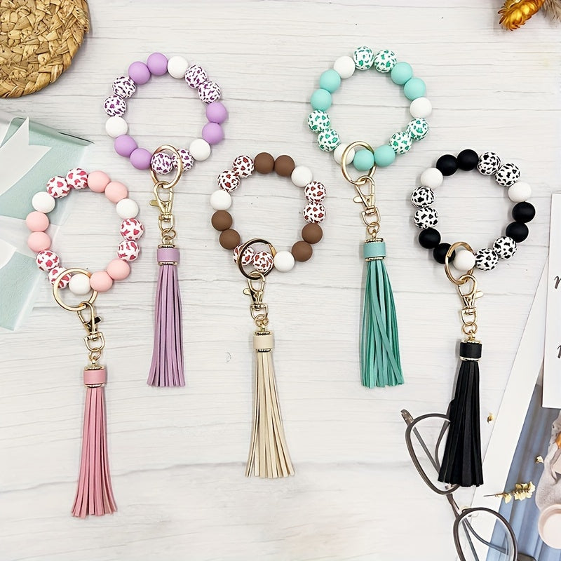 Cow Pattern Silicone Wooden Beaded Wristlet Keychain With PU Leather Tassel Wester Fashion Bangle Keychain Bag Charm Phone Lanyard Mother's Day Gift