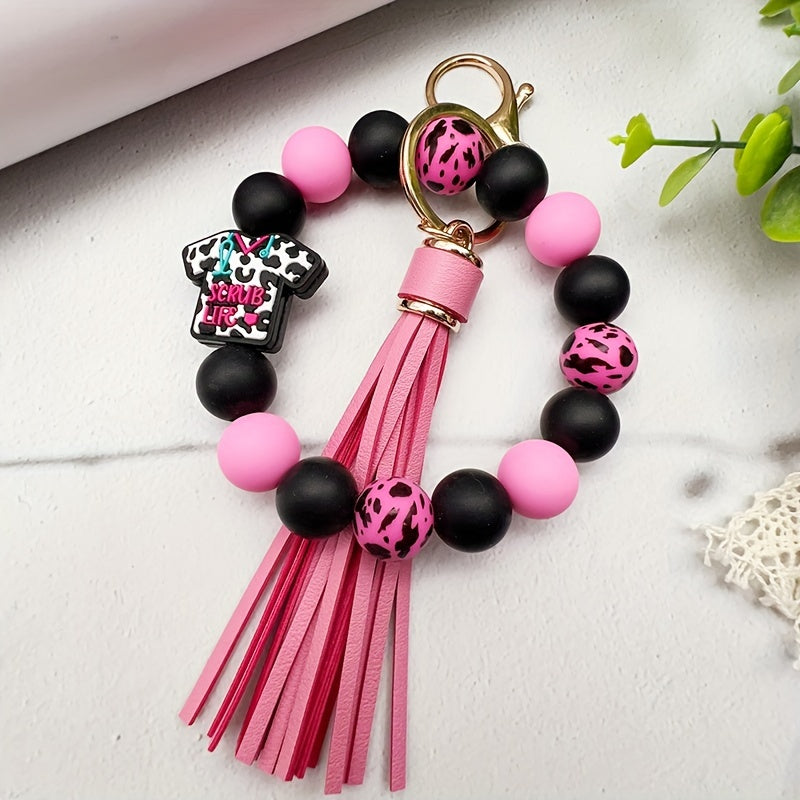 1pc Scrub Life Silicone Beaded Tassel Charm Keychain, Faux Leather Wristlet with Lobster Clasp, Round Beaded Key Ring for Women, Professional Nurse'S Day Gift, Single Piece