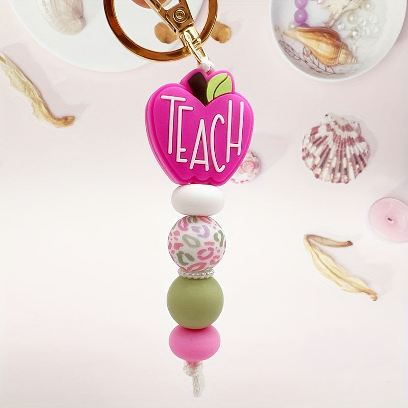 1pc Silicone Bead Keychain With Leopard Print & Pink Apple "TEACH", Cute Fresh Colorful Key Ring, Anti-Lost Bag & Car Key Charm, Perfect For Female Teachers