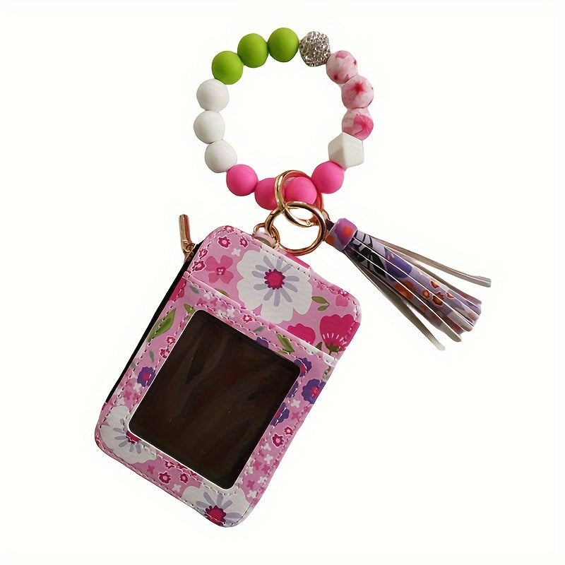 Hemasa Leather Key Chain, Floral Fringe Card Bag Anti-loss Key Chain Pendant