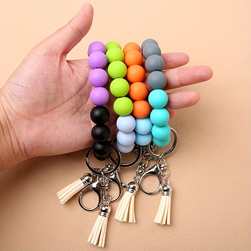 1pc Elastic Keychain Bracelet Wristband, Fashionable Silicone Beaded Keychain Bracelet, Tassel Keychain Bracelet Beaded Wristband Keychain Portable Home Car Key Ring Holder