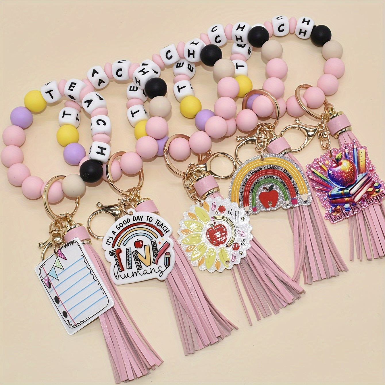 Chic Pink Silicone 'Teach' Bracelet Keychain With Acrylic Sunflower & Pencil Charms - Perfect Teacher Appreciation Gift