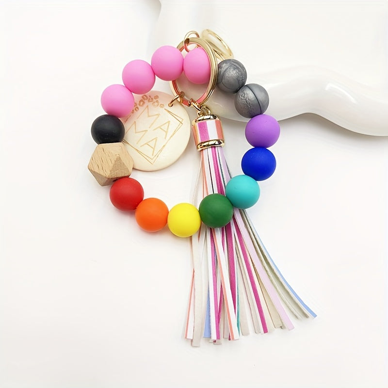Chic Multicolor Silicone Beaded Keychain with Faux Leather Tassel & 'MAMA' Wooden Charm - Perfect Mother's Day Gift