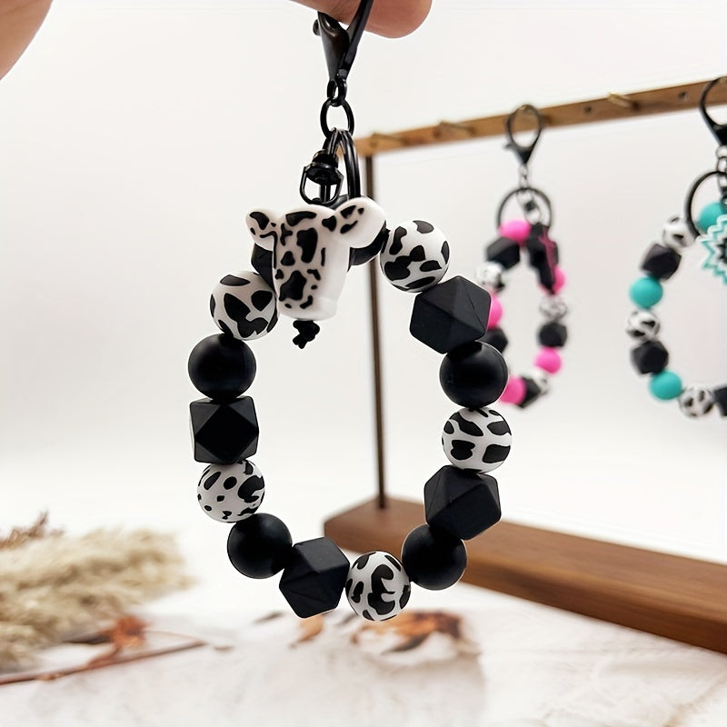 Silicone Bead Keychain, Western Cow Print, Cross & Geometric Charms, Unisex, Gift For Friends & Parents, Trendy Accessory