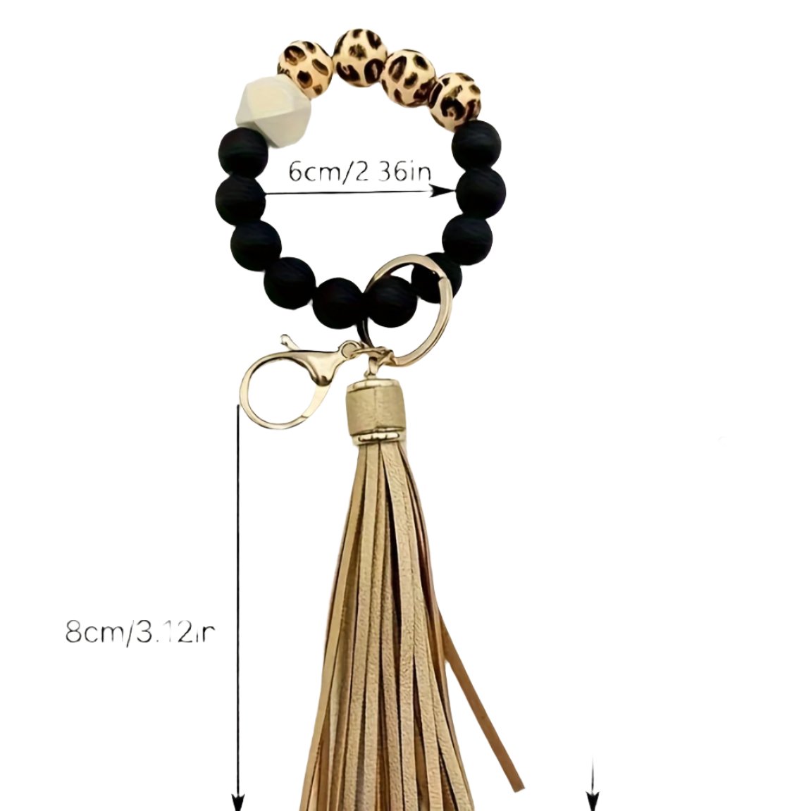 Hemasa Black Leopard White Bottom Wooden Beads Rubber Paint Round Beads PU Tassel Bangle Keychain