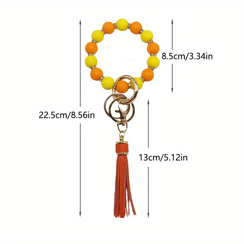 Chic Sunflower Silicone Bead Bracelet with Rhinestone Accents, Tassel Charm & Keychain - Fashionable Women's Accessory