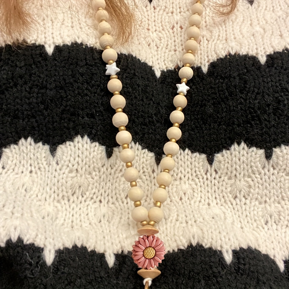 Daisy Flower Beaded Lanyard for ID Badge Holder, Crude Wood Bead Lanyard with Breakaway Clasp, Teacher Keychain, Nurse Gift, Graduation Present, Simple Floral Bohemian Necklace for Teachers, 6 Pack