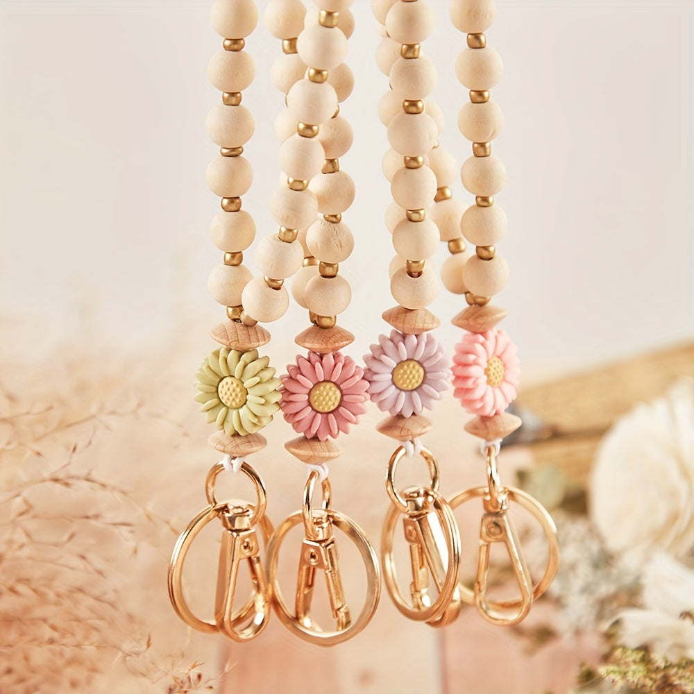 Daisy Flower Beaded Lanyard for ID Badge Holder, Crude Wood Bead Lanyard with Breakaway Clasp, Teacher Keychain, Nurse Gift, Graduation Present, Simple Floral Bohemian Necklace for Teachers, 6 Pack