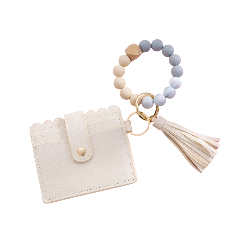 Hemasa Silicone Bead Bracelet Card Holder with PU Tassel Keychain