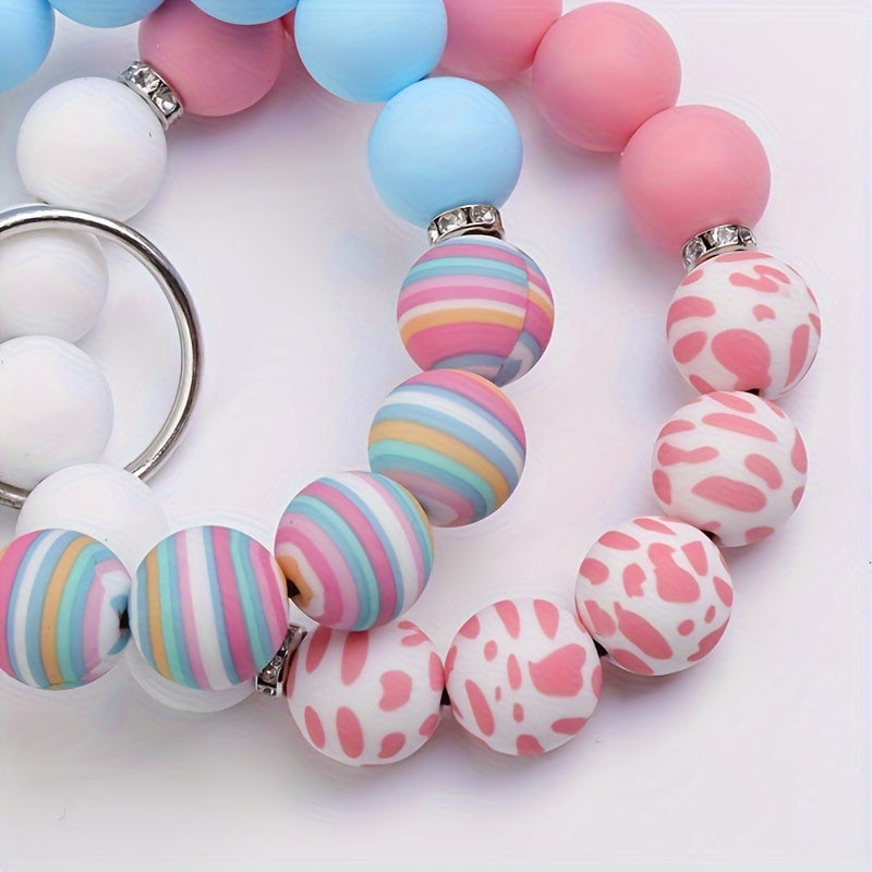 Hemasa Silicone Beaded Keychain with PU Leather Tassel, Leopard Print Car Key Ring