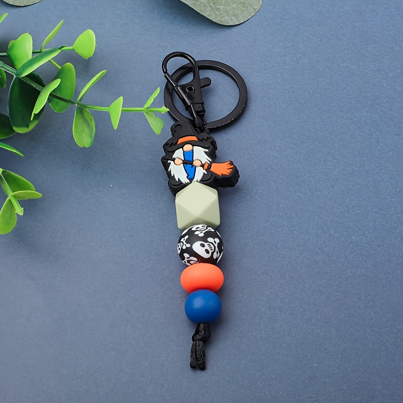 Halloween Witch Broom & Skull Silicone Beaded Keychain - Cartoon/Punk Style, Lobster Clasp, Fashionable Women's Accessory, Perfect Gift