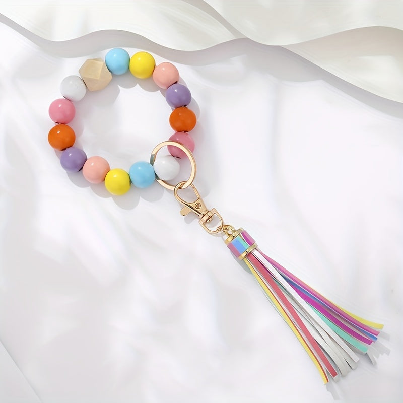 1pc Tassel Decor Beaded Bracelet Keychain Boho Key Ring Purse Handbag Car Charm Earphone Rainbow Pendant, Gift For Mother's Day