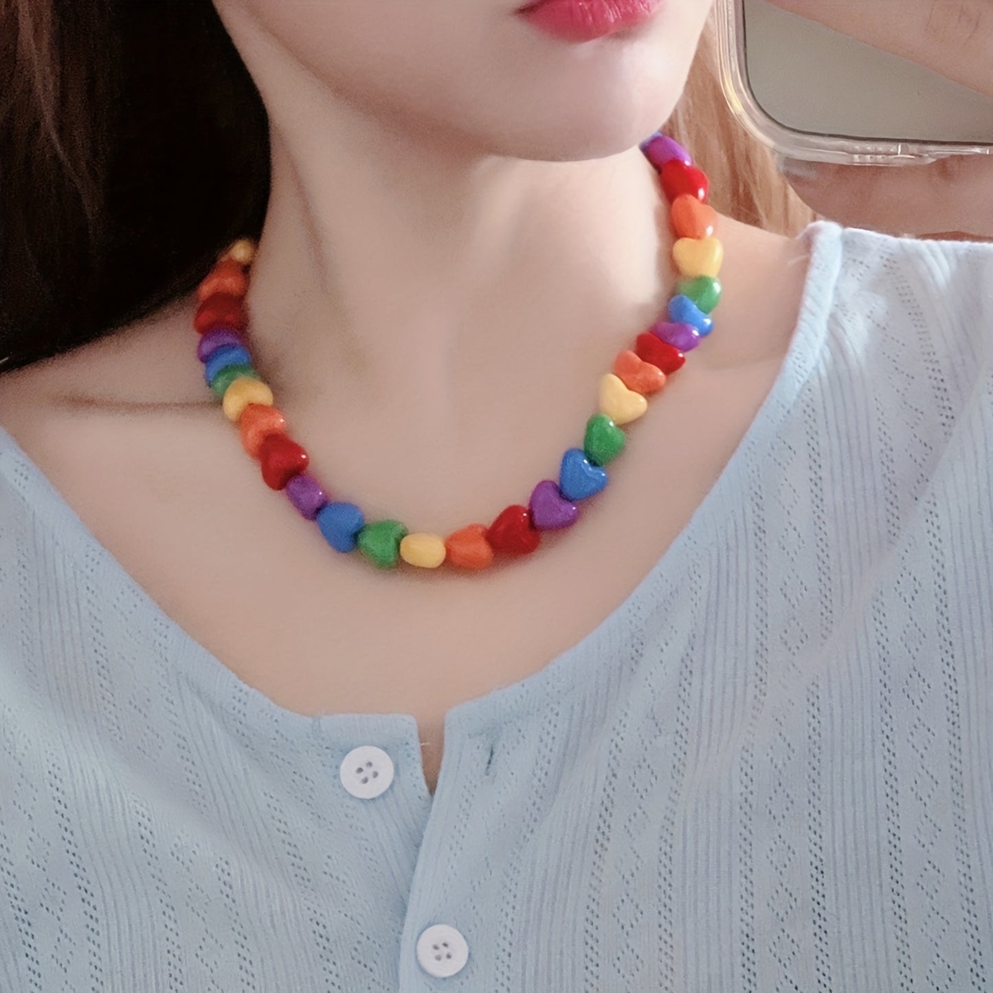 Colorful Acrylic Heart Bead Choker Necklace with OT Clasp, Fashionable Personality Neckwear for Women - Suitable for Music Festivals, Parties, and Daily Wear - No Plating, Vacation and Party Style - One Piece