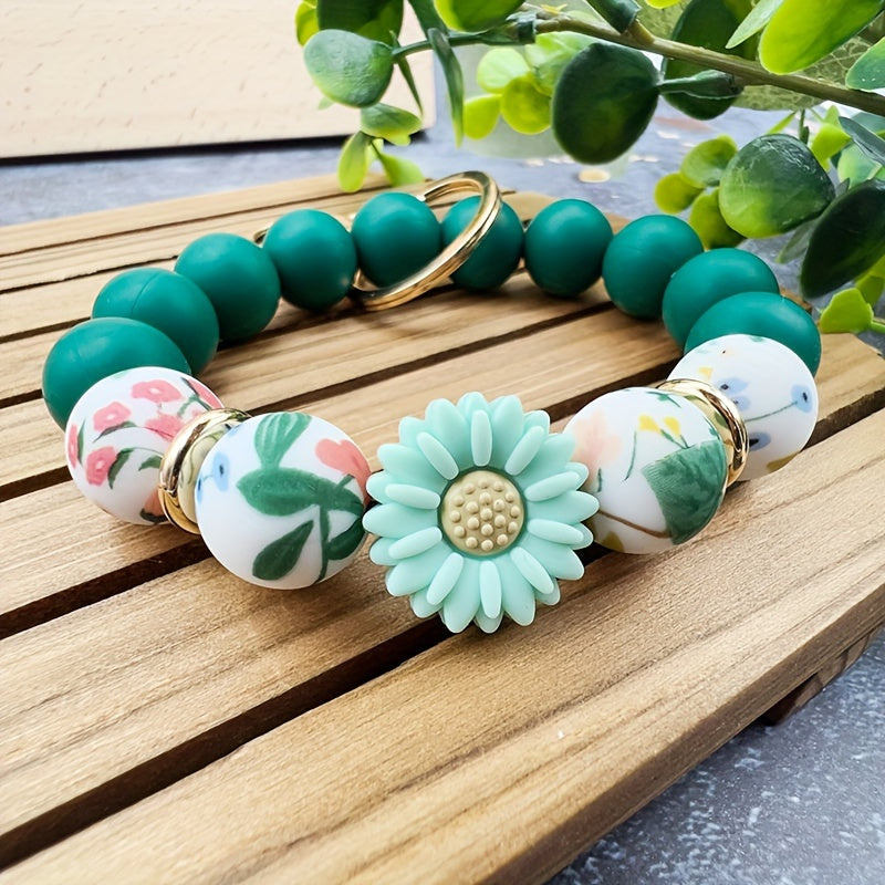 Bohemian Style Silicone Beaded Keychain with Floral and Daisy Prints - Plant Themed Key Ring with Lobster Clasp - Decorative Ladies Wristlet Key Holder for Halloween - Single Piece Gift for Mom & Teacher