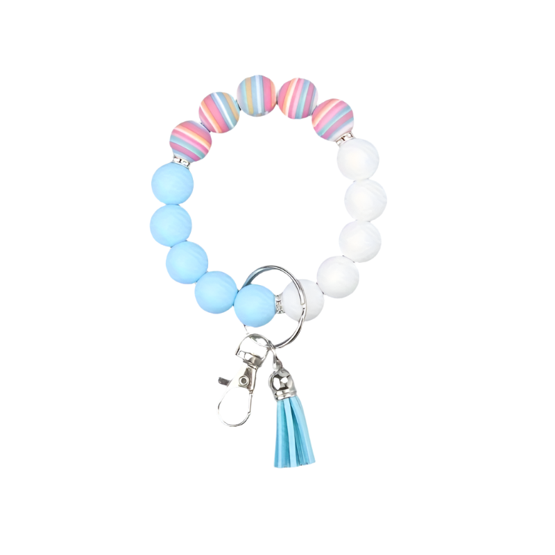 Hemasa Silicone Beaded Keychain with PU Leather Tassel, Leopard Print Car Key Ring