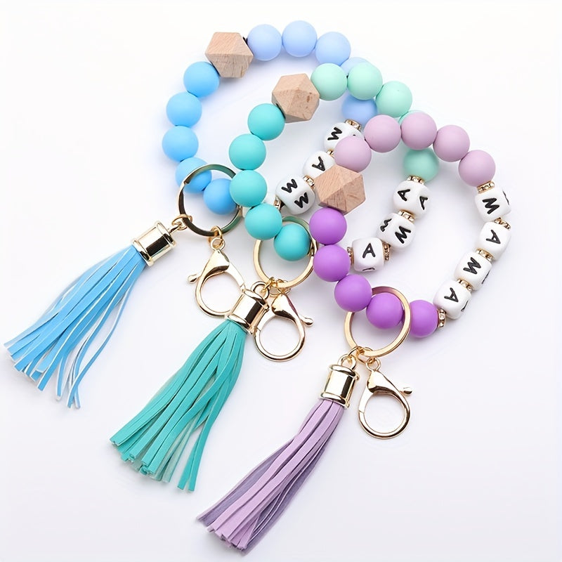 Hemasa MAMA Silicone Beaded Bracelet Keychain Tassel Key Ring/ Purse Bag/ Backpack Car Charm