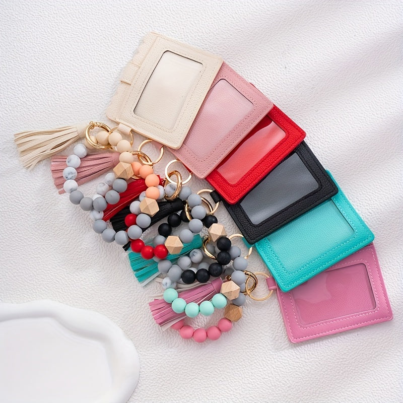 Hemasa Silicone Bead Bracelet Card Holder with PU Tassel Keychain
