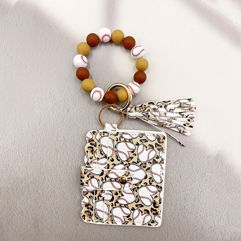 Sporty Chic Beaded Silicone Bracelet Keychain with Coin Purse - Faux Leather, Tassel Accent, Lobster Clasp - Perfect Gift for Women