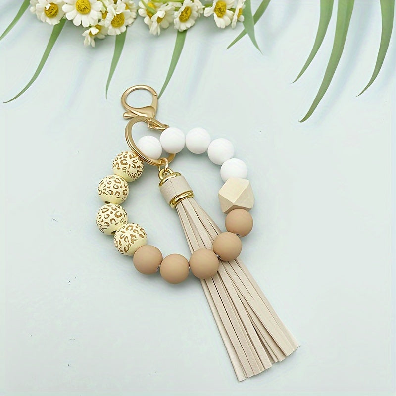 Leopard Silicone Beaded Bracelet Wristlet Keychain Fashion Bangle Key Chain Bag Charm Phone Lanyard Earbud Case Cover Accessories Women Female Gift