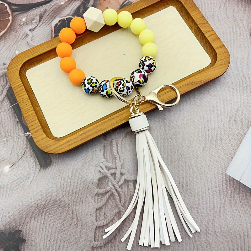 1pc Color Block Silicone Beaded Bracelet Wristlet Keychain Fashion Bag Charm Phone Lanyard Bangle Key Chain Women daily use Gift