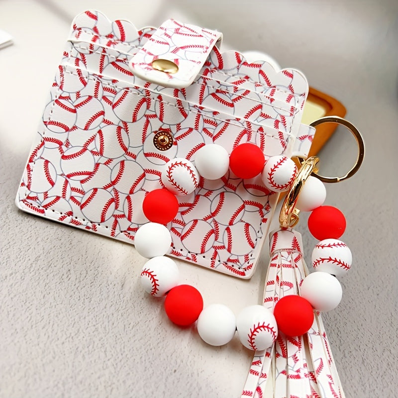 Sporty Chic Beaded Silicone Bracelet Keychain with Coin Purse - Faux Leather, Tassel Accent, Lobster Clasp - Perfect Gift for Women