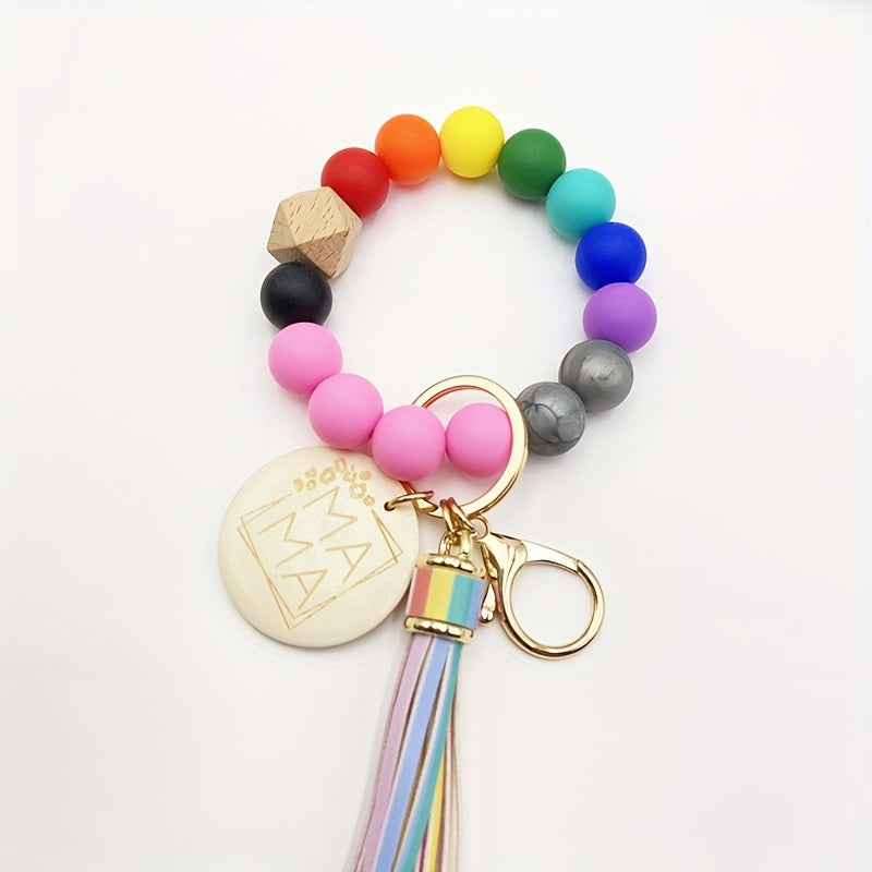 Chic Multicolor Silicone Beaded Keychain with Faux Leather Tassel & 'MAMA' Wooden Charm - Perfect Mother's Day Gift