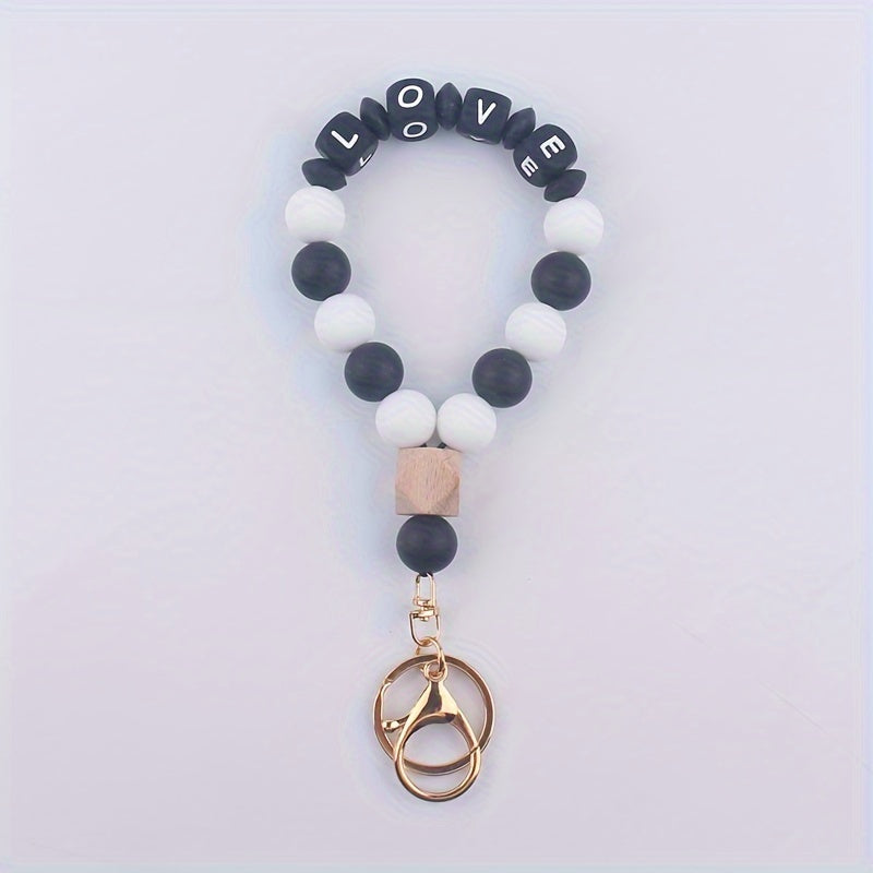 One Pack LOVE Macaron Colorful Keychain Wristband Keychain Elastic Beaded Portable Wristband Bracelet Keychain Car Keychain