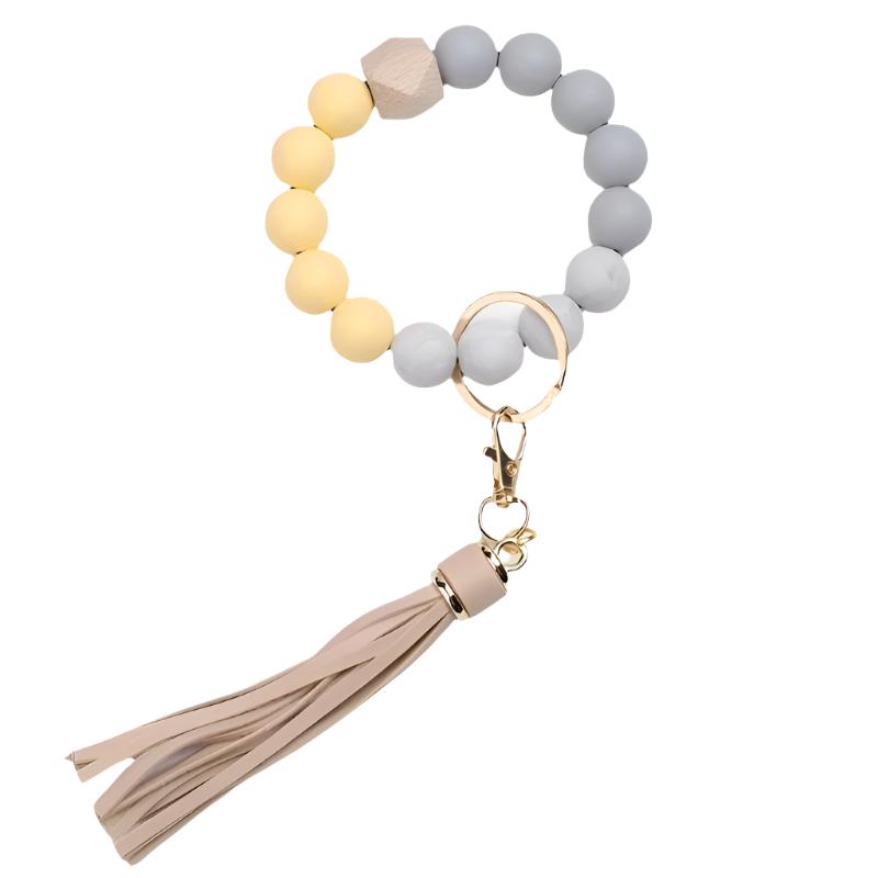 Hemasa   Silicone Bead Keychains With Tassel Charm, Stretchable Colorful Beaded Wristband Key Ring, Universal Fashion Accessory