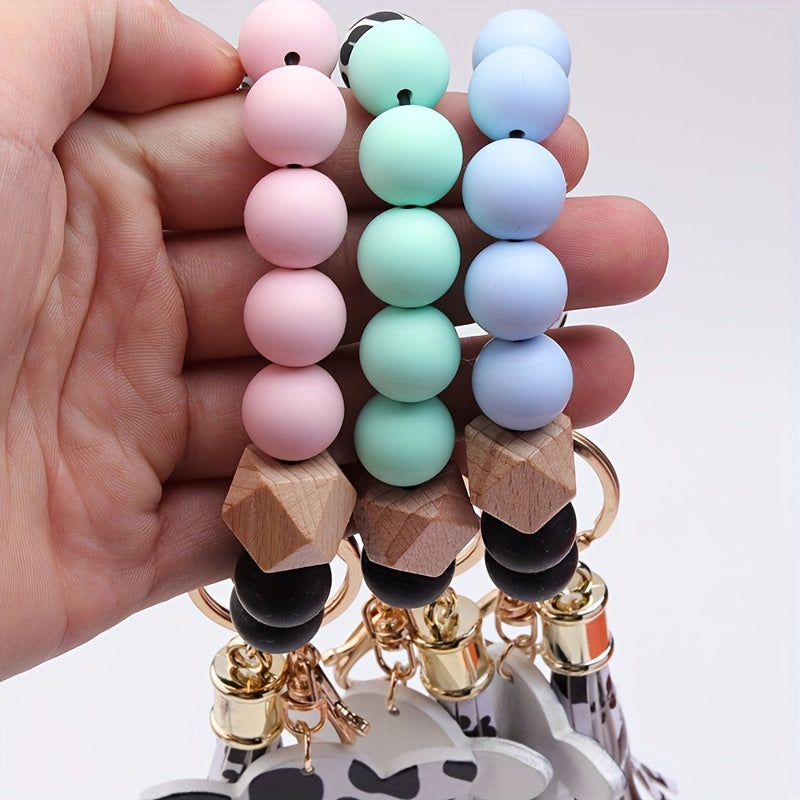 Hemasa Cow Head MAMA Silicone Beaded Bracelet Wristlet Keychain With Western Bangle Keychain