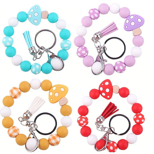 Chic Mushroom Charm Silicone Beaded Bracelet Keychain With Pu Leather Tassel - Lobster Clasp, Cartoon/Plant Theme For Women Pendant For Women