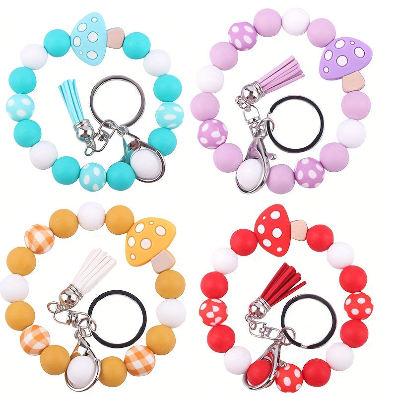 Chic Mushroom Charm Silicone Beaded Bracelet Keychain With Pu Leather Tassel - Lobster Clasp, Cartoon/Plant Theme For Women Pendant For Women