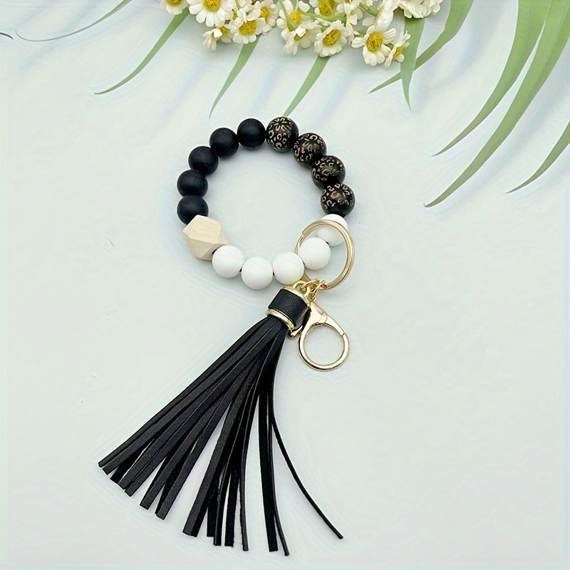 Leopard Silicone Beaded Bracelet Wristlet Keychain Fashion Bangle Key Chain Bag Charm Phone Lanyard Earbud Case Cover Accessories Women Female Gift