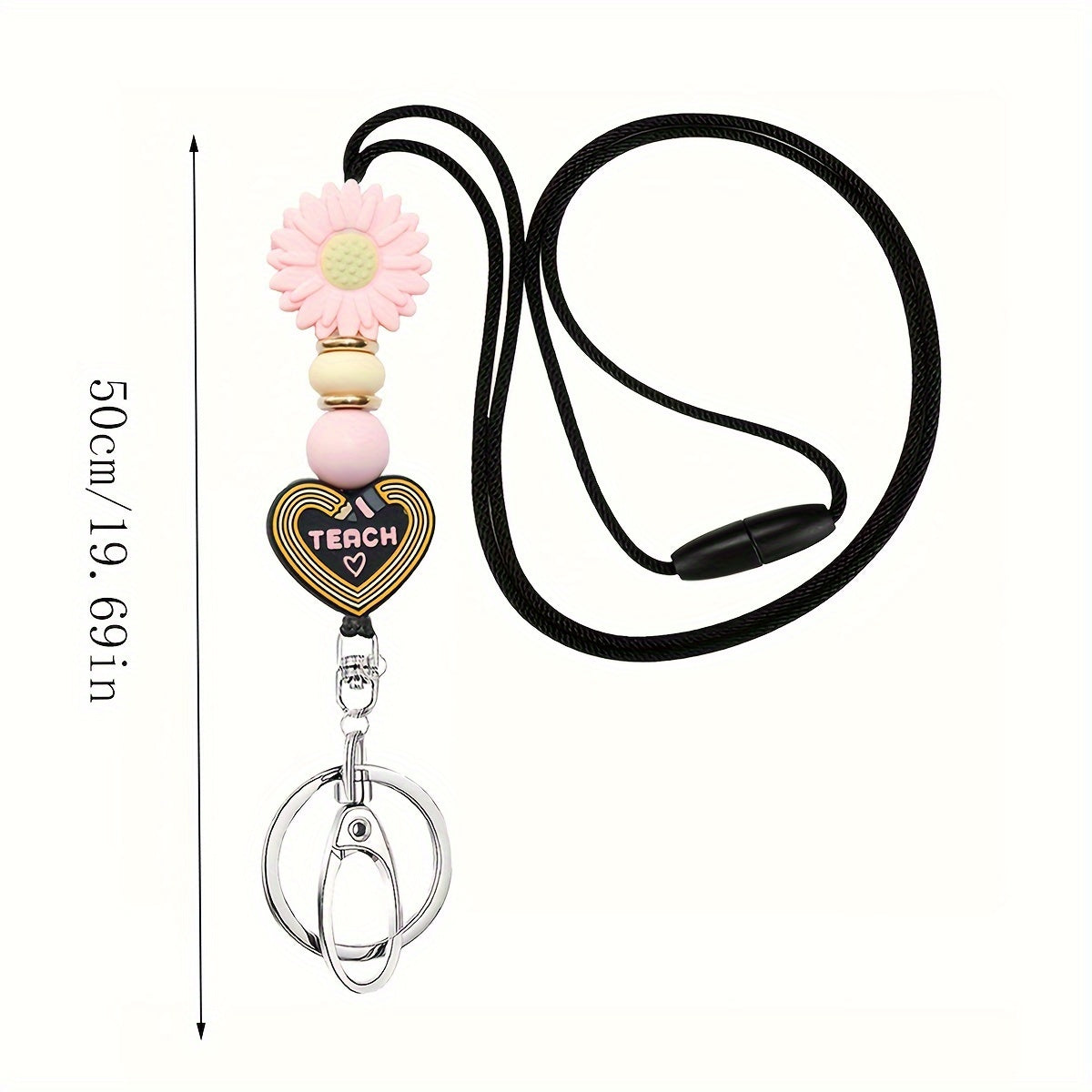 Yiflin 1pc Pink Daisy Love Heart Silicone Beads Teacher Lanyard For ID Case, Separable Neck Lanyard For Keychain With A Key Ring, Best Gift For Women, Teachers.