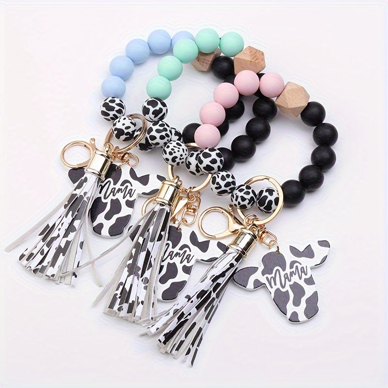 Hemasa Cow Head MAMA Silicone Beaded Bracelet Wristlet Keychain With Western Bangle Keychain