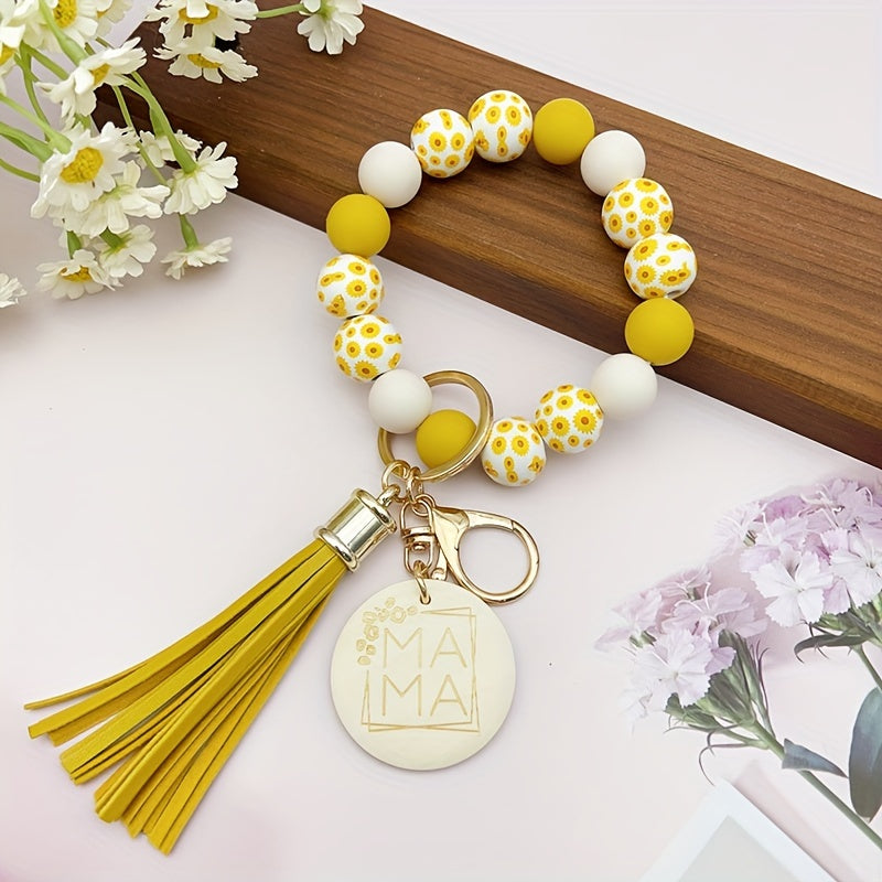 1pc Fresh And Floral Keychain With Printed Wooden Beads, MAMA Wooden Charm, Flower Bead Key Ring, Perfect For Friends And Mothers