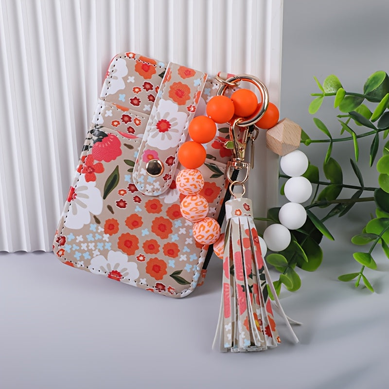 Chic Floral Print Faux Leather Wallet with Beaded Wristlet & Tassel Keychain - Silicone Bracelet Card Holder, Perfect Gift for Women