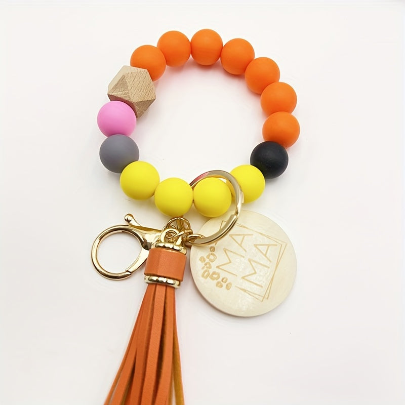 Chic Multicolor Silicone Beaded Keychain with Faux Leather Tassel & 'MAMA' Wooden Charm - Perfect Mother's Day Gift