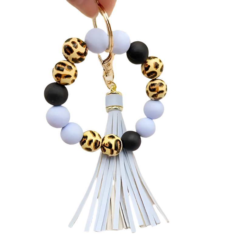 Hemasa Leopard Print Wooden & Silicone Bead Keychain / Ladies Tassel Bracelet Keyring