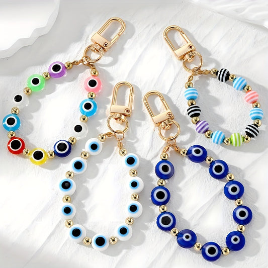 Vintage Ethnic Style Evil Eye Bead Bracelet Keychain - Resin Blue Eyes Pendant - Colorful Options - Perfect for Valentine's Day - Alloy Material - Round Shape - Single Pendant - Decorative - Keychain - Keyring