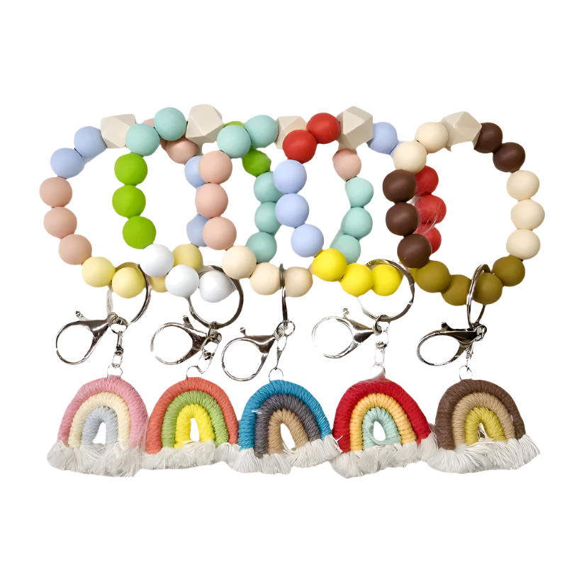 Hemasa 5pcs Silicone Beaded Keychain Set With Rainbow Tassel Charm