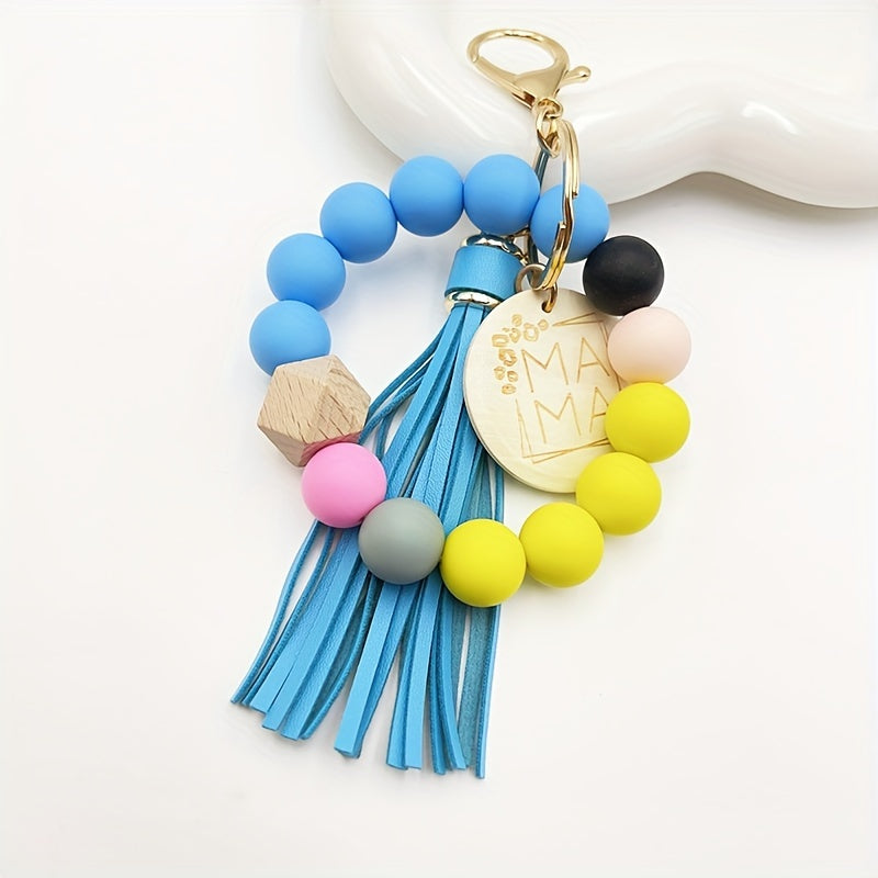 Chic Multicolor Silicone Beaded Keychain with Faux Leather Tassel & 'MAMA' Wooden Charm - Perfect Mother's Day Gift