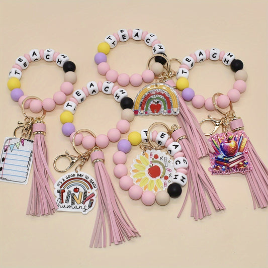 Chic Pink Silicone 'Teach' Bracelet Keychain With Acrylic Sunflower & Pencil Charms - Perfect Teacher Appreciation Gift