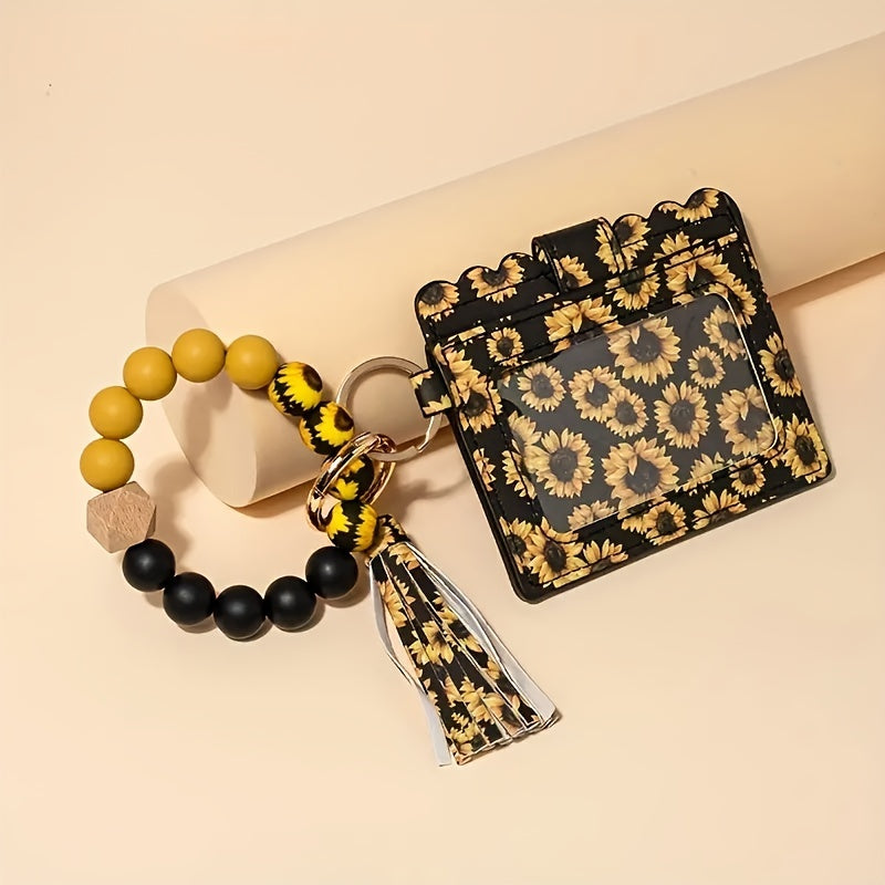 Sunflower PU Tassel Keychain Card Holder Silicone Beaded Bracelet Key Ring - Perfect Gift for Birthdays and Holidays.
