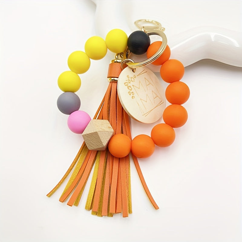 Chic Multicolor Silicone Beaded Keychain with Faux Leather Tassel & 'MAMA' Wooden Charm - Perfect Mother's Day Gift